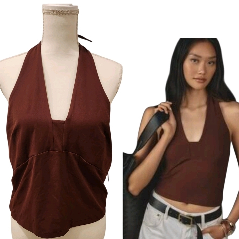NWT Anthropologie XL Tailored Deep V Neck Cocoa Adjustable Tie Back Halter Top